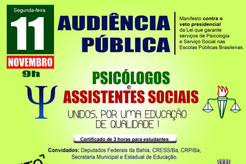 Psicólogos e Assistentes Sociais nas Escolas” será tema de audiência  pública - Câmara Municipal de Salvador